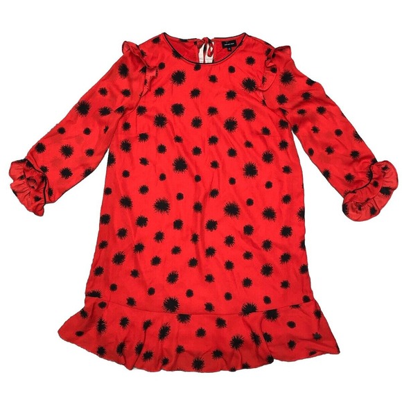 Who What Wear Abstract Polka Dot Shift Dress M‎ Red Ruffle Hem Long Sleeve - Picture 1 of 8